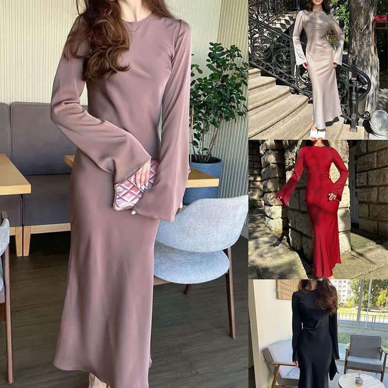 Autumn New Women's Fashion Elegant Solid Color Long Sleeve Round Neck Waist-Cinching Bodycon French Dress B5