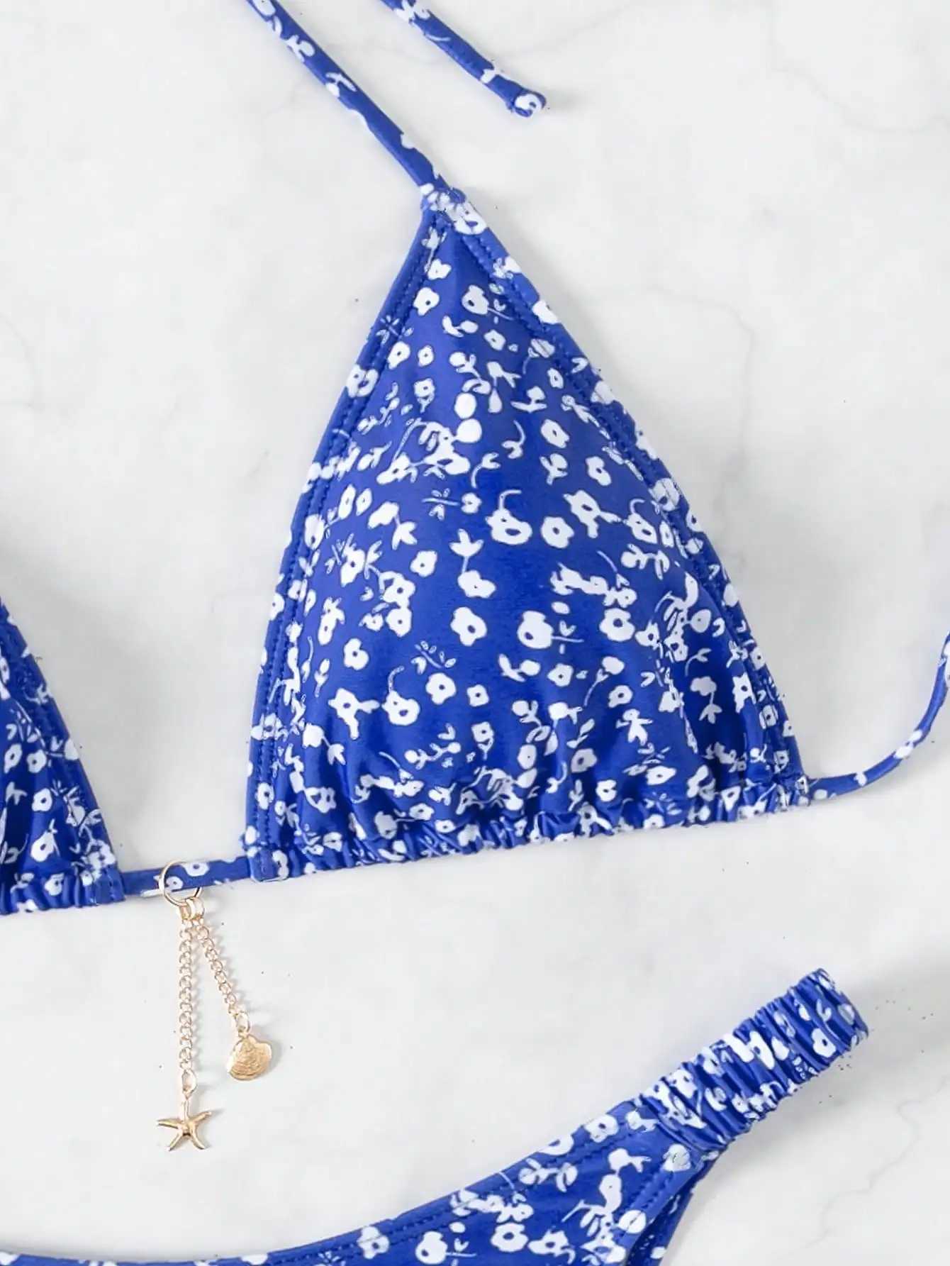 Halterneck floral pattern triangle cup split bikini summer cool swimwear comfortable XJ250624