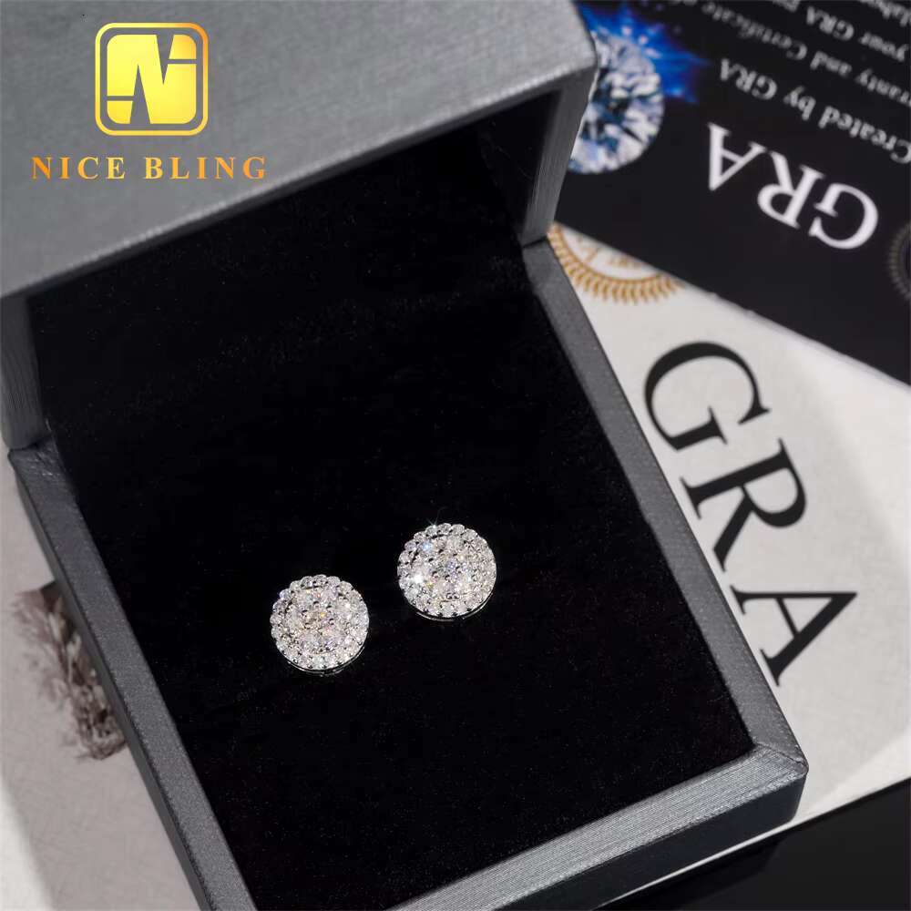 GRA Certificate Round Diamond Hip Hop Jewelry Iced Out Ear Studs 925 Sterling Silver Moissanite Stud Earring for Women