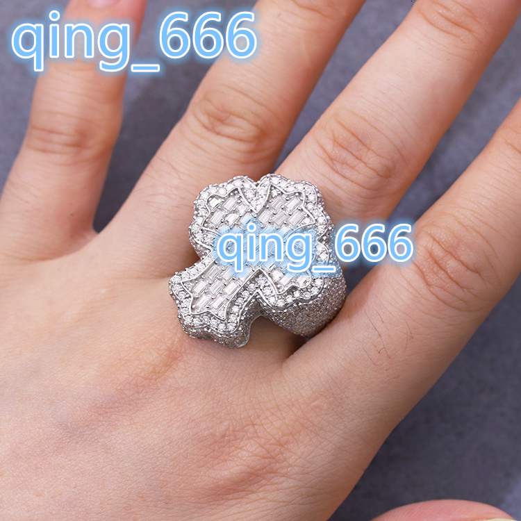 Full Ice Out Moissanite Ring 925 Sterling Silver Gold Plated Baguette Moissanite Cross Ring Hip Hop Men Women Cuban Ring
