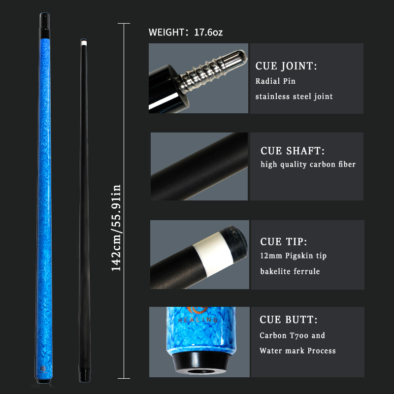 OKHEALING Quicksand Blue 1/2 Split Billiard Cue Carbon Fiber Billiard Stick 12mm Pigskin Tip Radial Pin Joint Pool Cues Carbon Carom Cues Professional