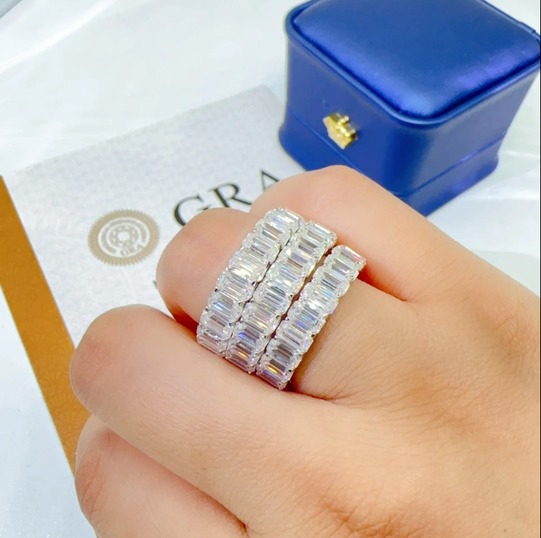 Personality Fine LUxury Jewelry Full Emerald Cut Diamond Rings S925 Sterling Silver VVs1 Moissanite Ring Band of Wedding