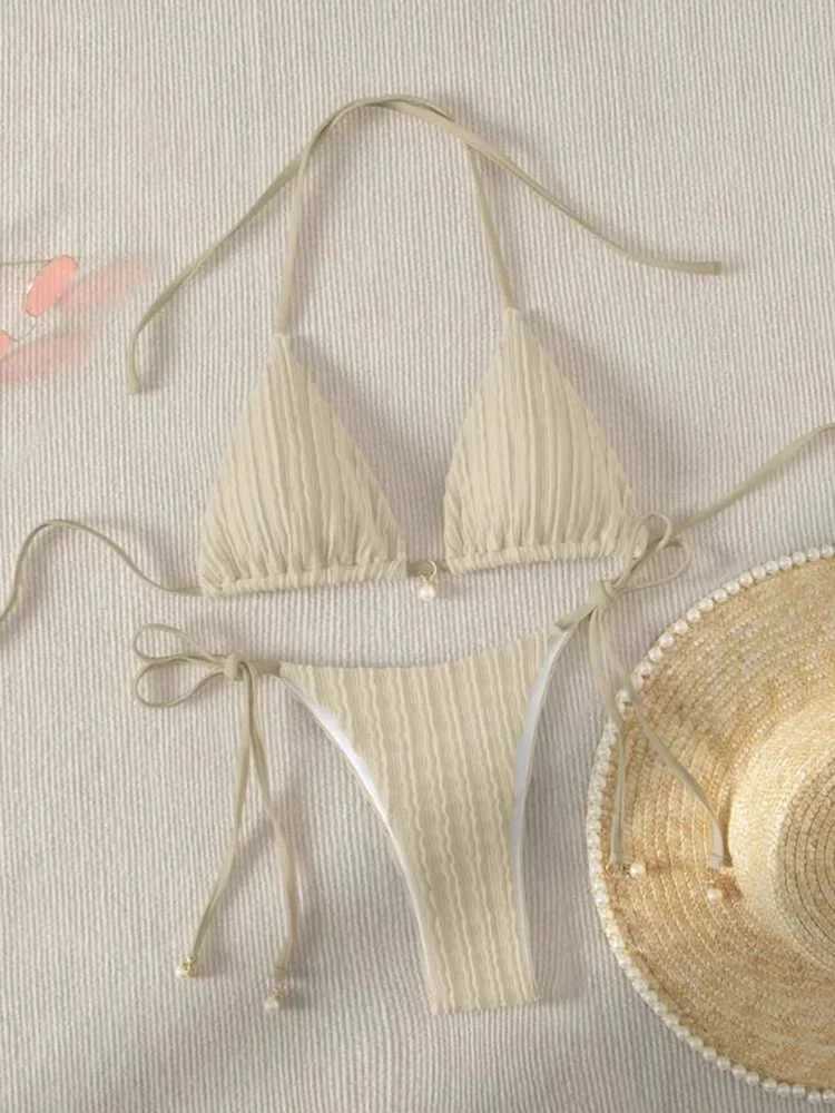 Vzvn 2025 New Summer Swimwear Bikinis Set Sexy Backless Bikini 2 Pieces Set Women Laced Up Solid Split Swimsuit Beach BikiniXJ250624