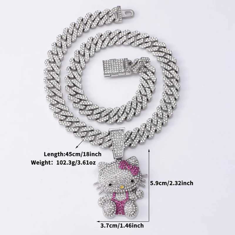 Sanrio Hello Kitty Necklace for Women Cartoon Full Diamond European and American Cute Cat Pendant Cuban Chain Jewelry Halloween w250625