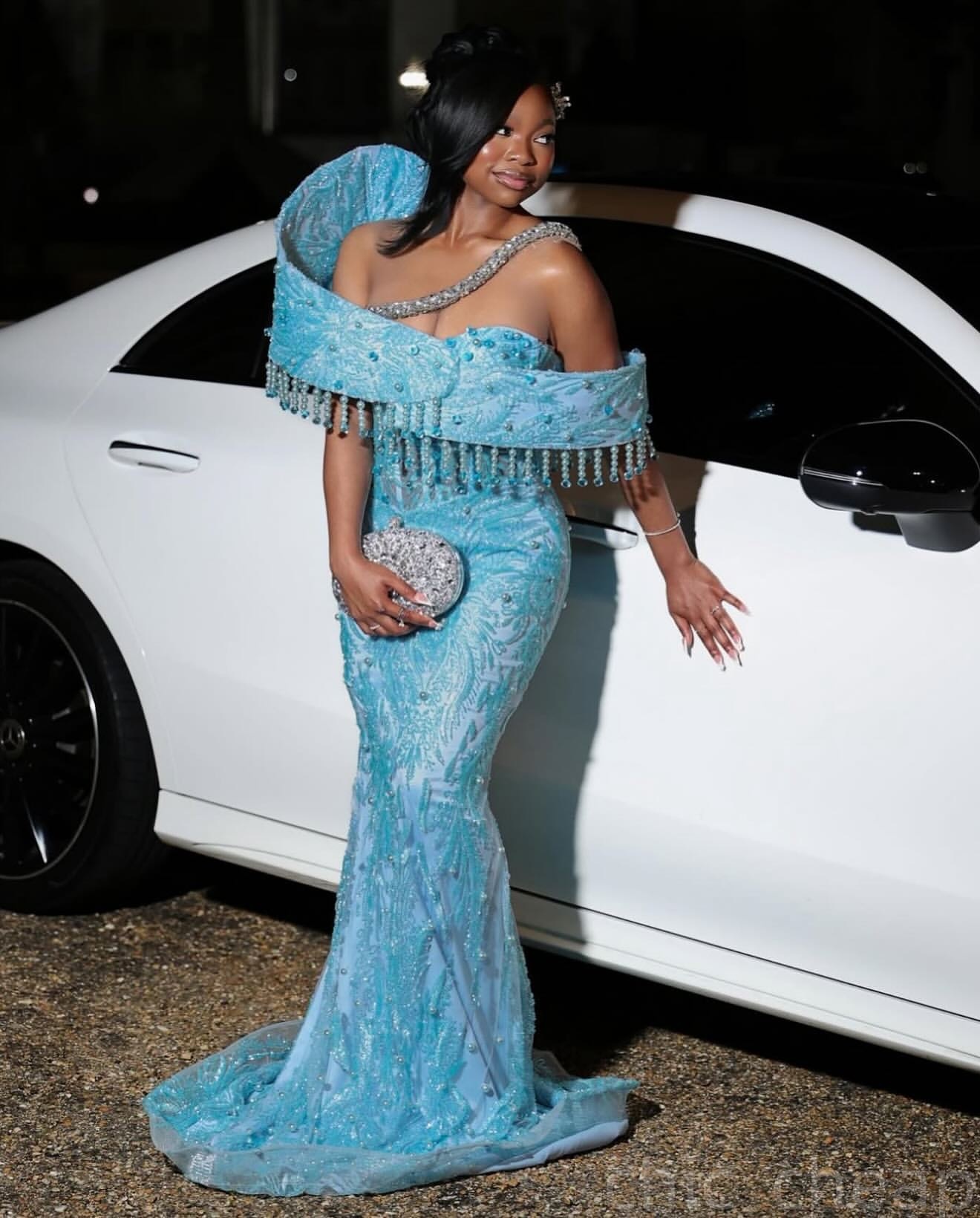 Sky Blue Mermaid Prom Dresses 2025 Pearls Crystals Sequined Lace Evening Formal Party Second Birthday Engagement Gowns Plus Size Dress For Special Occ
