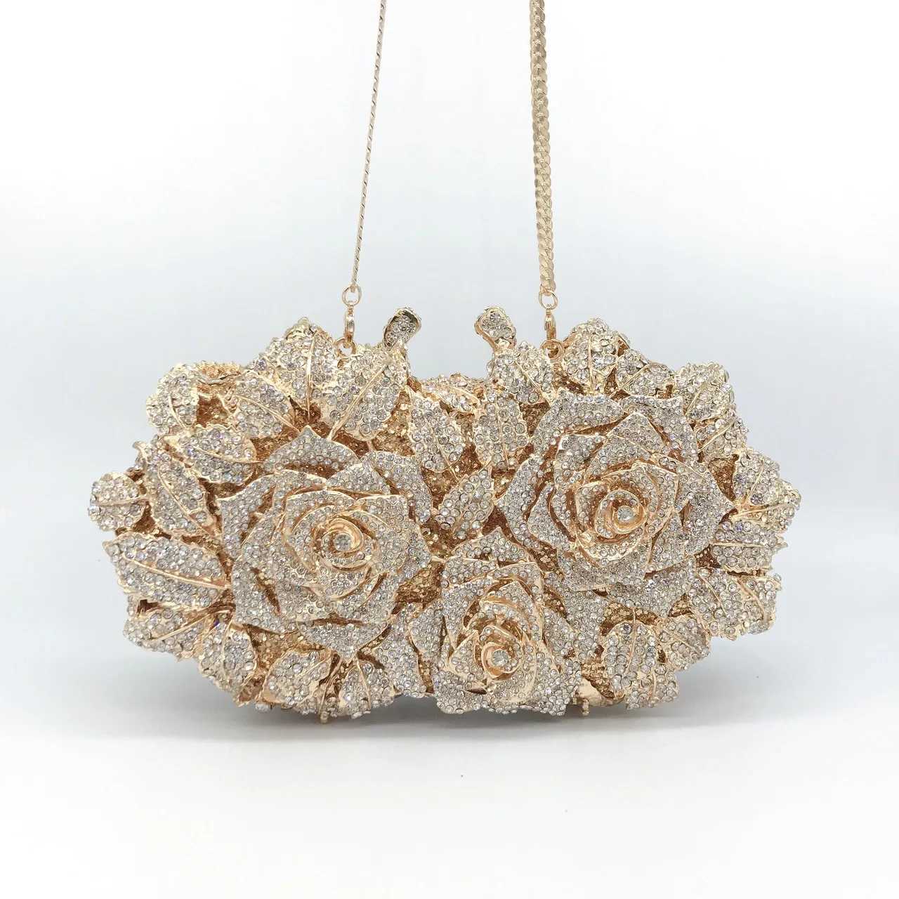 Hollowed-Out Rose Rhinestone Evening Bag Crystal Womens Bag Wedding Bridal Dinner Gown Bag Fashionable Luxury Banquet Handbag M250625