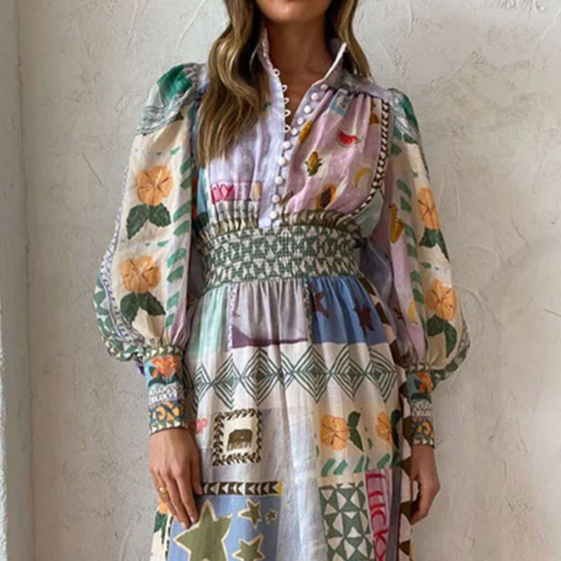 New Women's Lantern Printed Long Sleeve Pleated Dress B5