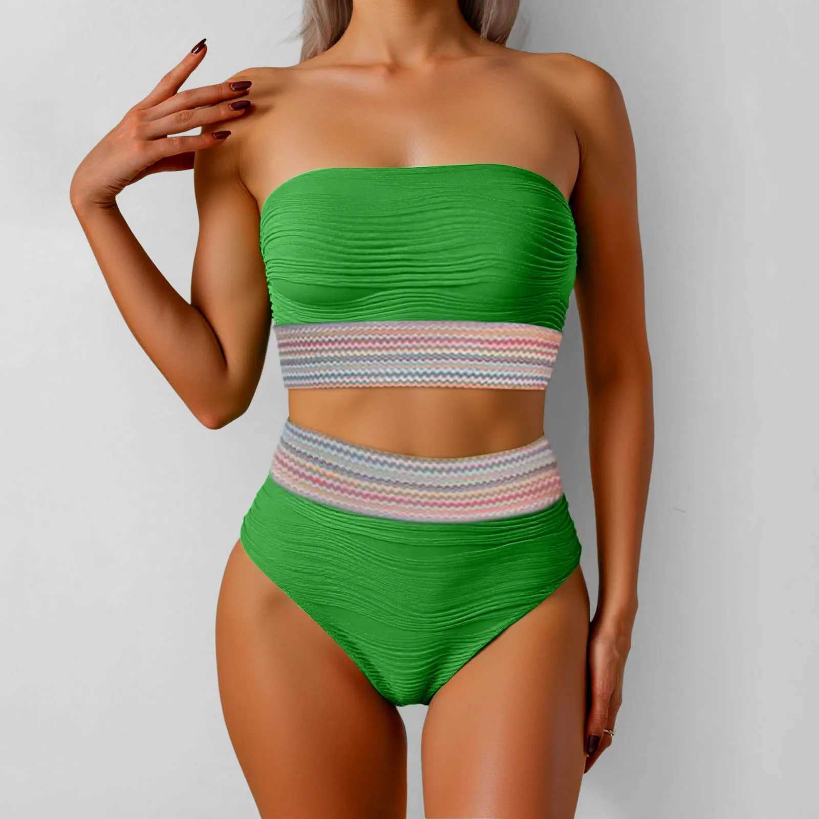 Strapless Women Two Piece Swimwear Tankinis Set Patchwork Ribbed Bandeau Bikini Swimsuits Detachable Strap Women Bathing Suit XJ250624