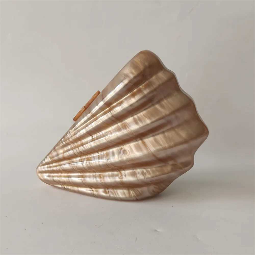 Shell Brown Acrylic Marble Pearl Box Evening Clutch Bag Women Luxury Designer Purses And Handbag Wedding Party Stones Day Wallet M250625