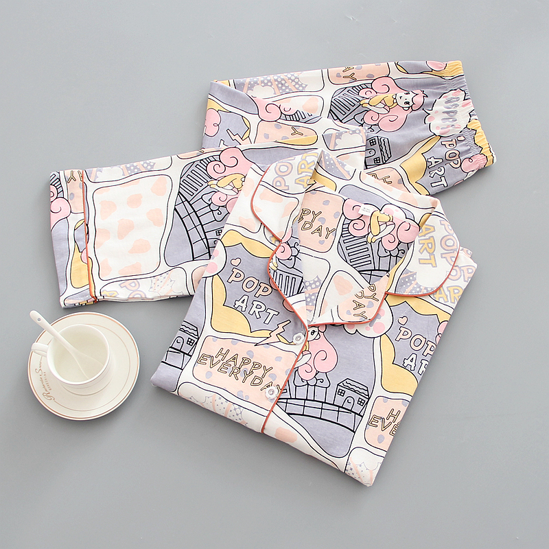 Spring and Autumn Long sleeved Pajamas, Women's Knitted Cotton Cartoon Thin, Loose and Casual Two piece Set, Cardigan, Women's Home Clothing