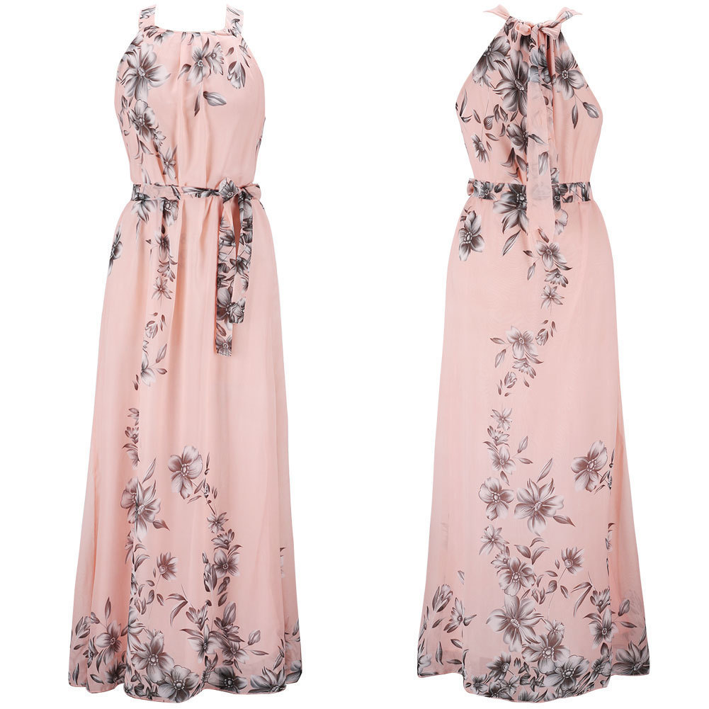F625Women's Bohemian Printed Chiffon Dress Beach Long Dress