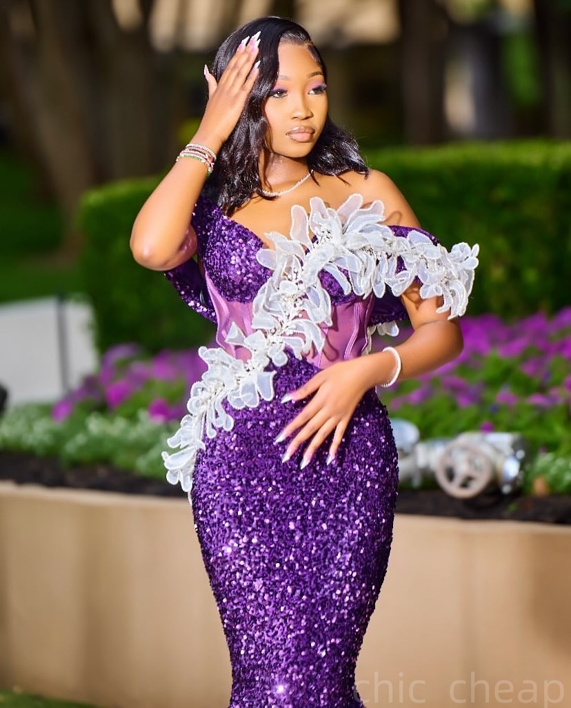 Purple Mermaid Prom Dresses 2025 Sequined Florals Pearls Evening Formal Party Second Birthday Engagement Gowns Plus Size Dress For Special Occasions