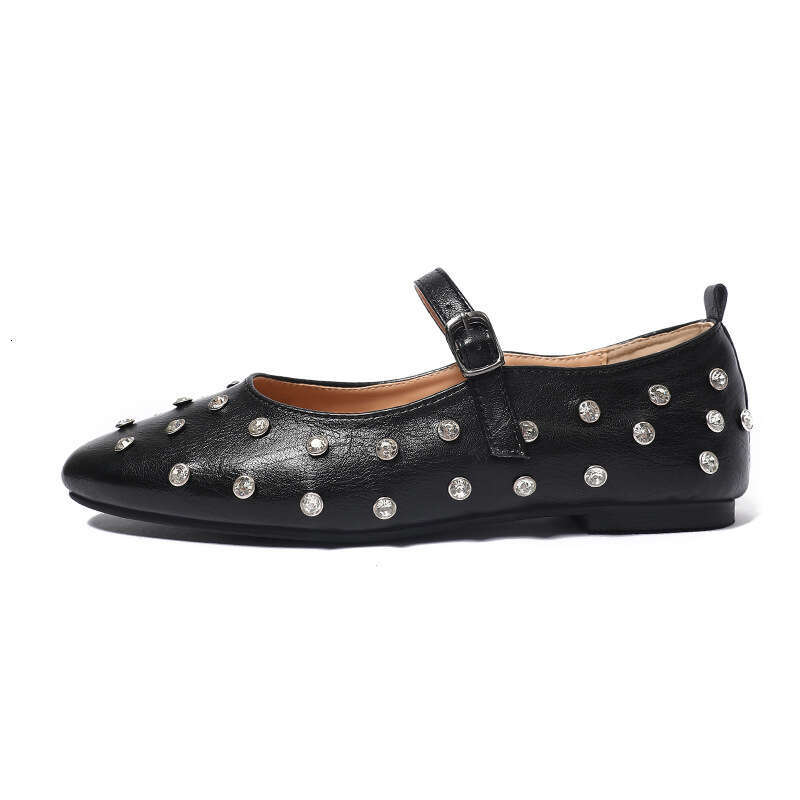 Mary Jane for Women 2024 Spring Summer New Square Toe Studded Rhinestone Flat Strap Genuine Leather Ballet Shoes