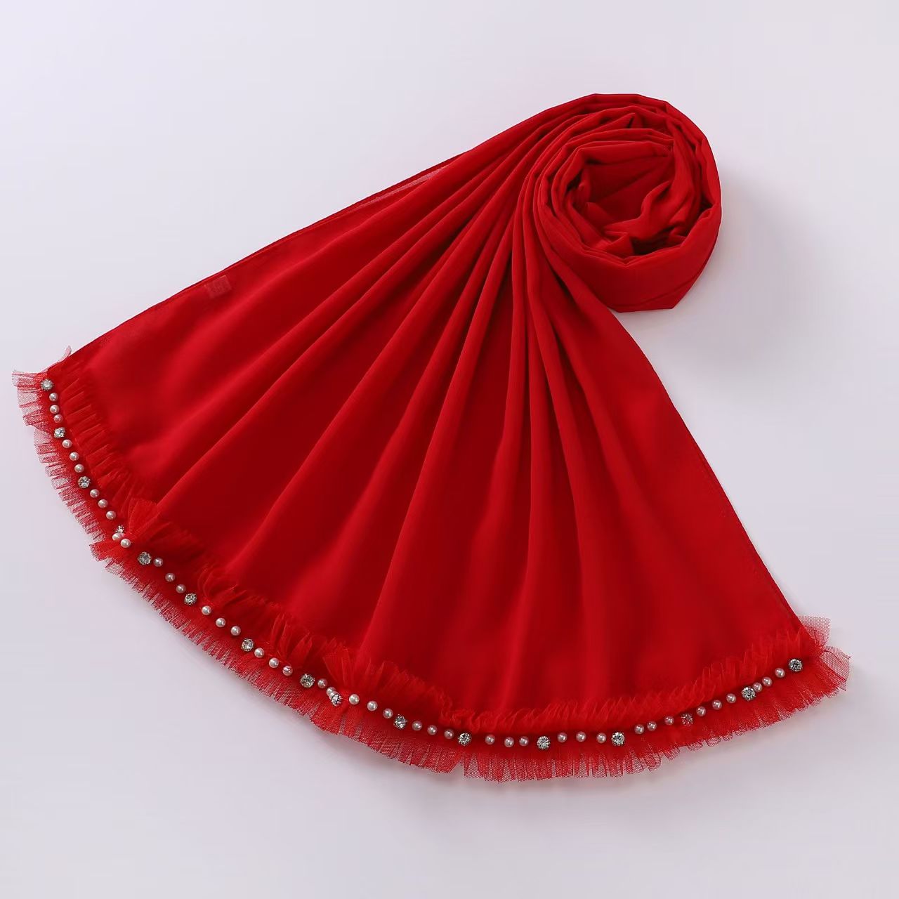 T1068 New Pearl Chiffon Pleated Lace Trim Diamond Scarf Hui Scarf Middle East Headscarf