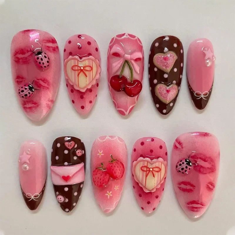 30Pcs Almond False Nails Tips Summer Beach Colorful Nails Sets with Pearl Flower Press on Nails Art Wearable Fake Nail 250625