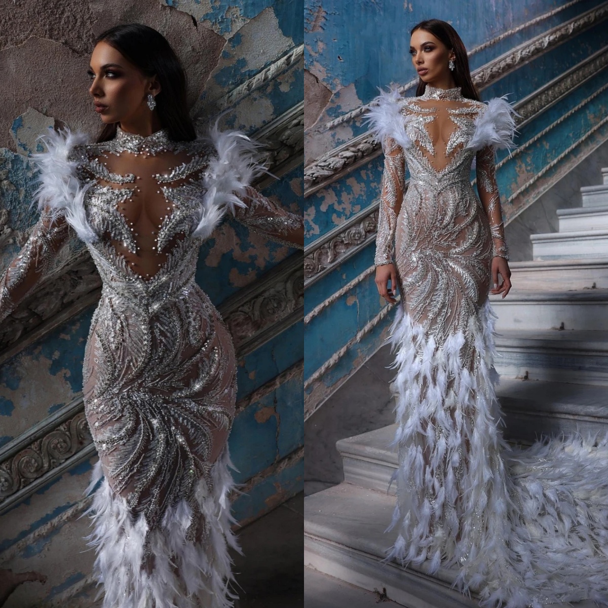 Exquisite Beading Pearls Wedding Dresses Feather High Neck Bridal Gowns See Through Rhinestone Mermaid Customized Bride Vestidos De Novia Plus Size