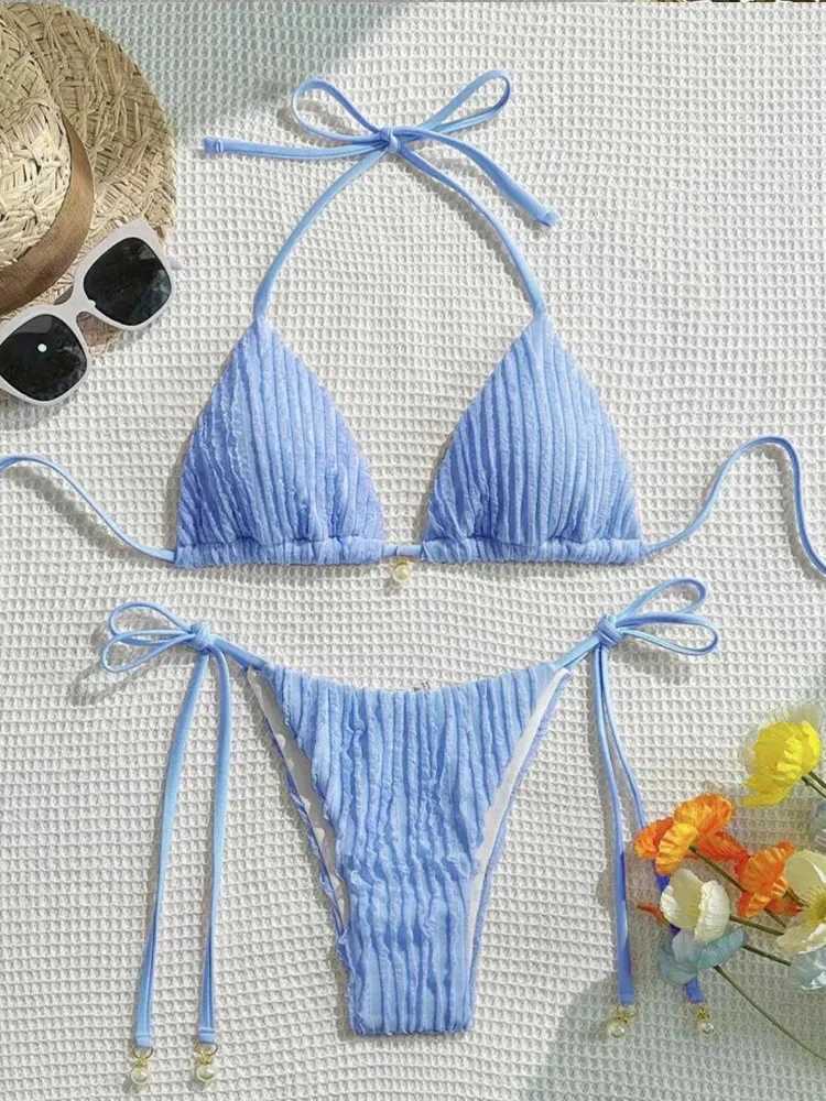 Vzvn 2025 New Summer Swimwear Bikinis Set Sexy Backless Bikini 2 Pieces Set Women Laced Up Solid Split Swimsuit Beach BikiniXJ250624
