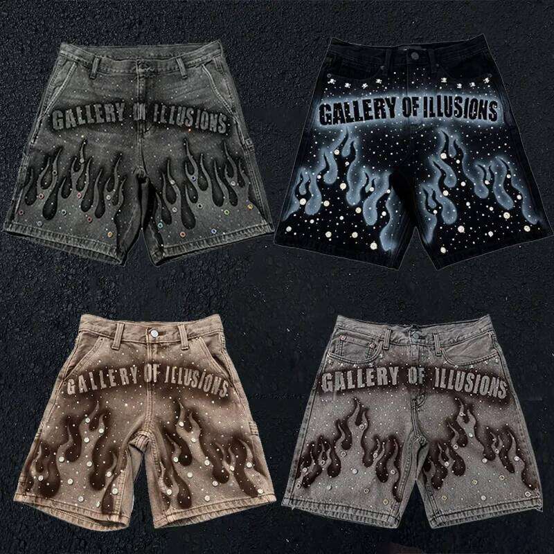Y2K Vintage Flame Pattern Rhinestone Decoration High Waist Denim Shorts Haruku Hip Hop Men NEW fashion Streetwear