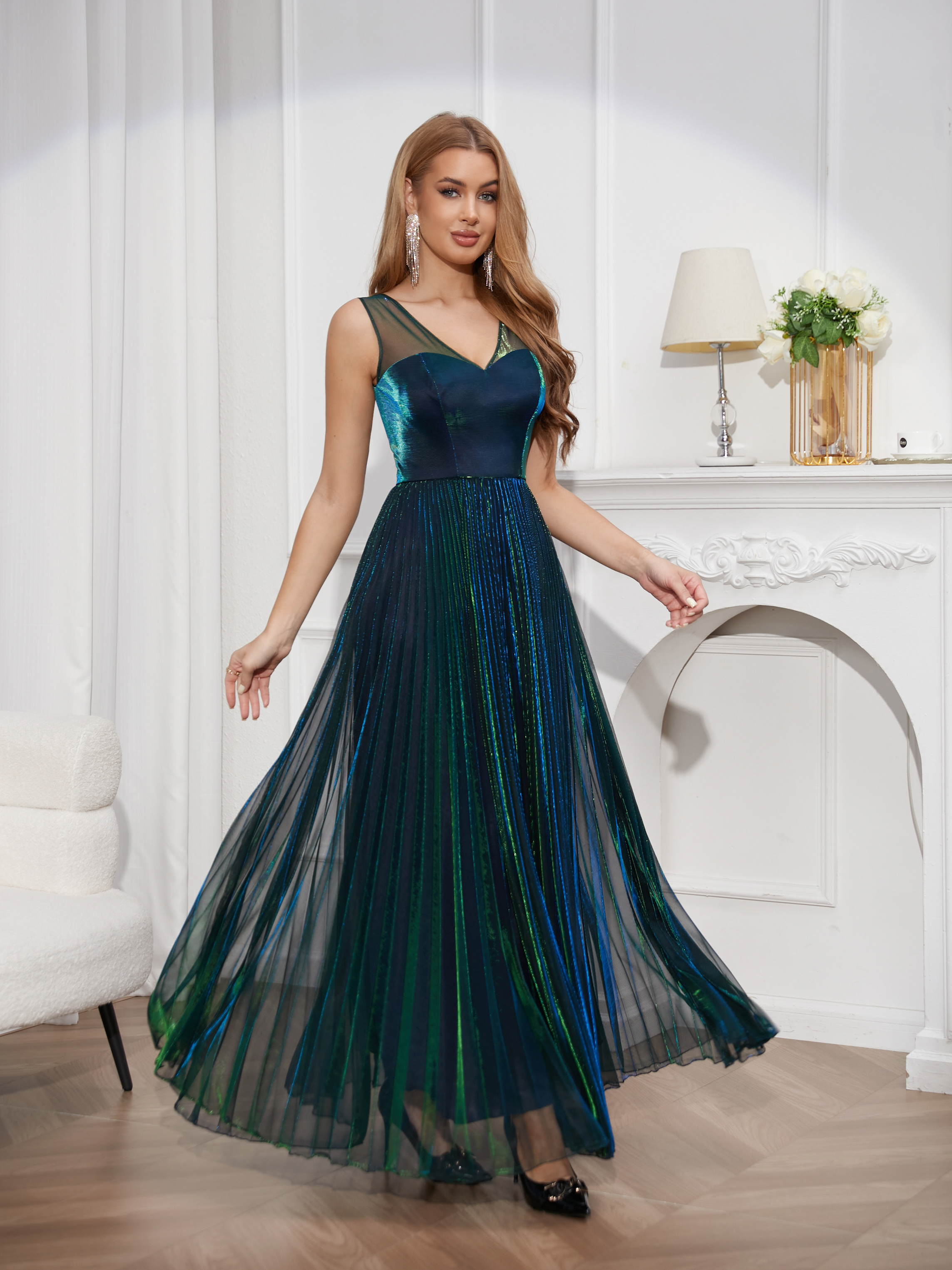prom Ball dress fashion pleated sexy deep V sling dress tulle dress ball dress bridesmaid dress Prom Dresses