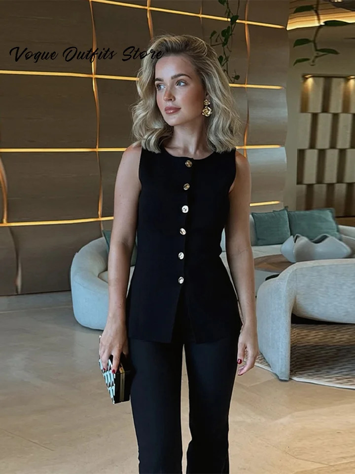 Elegant Solid Women Tops O-neck Sleeveless Single Breasted Slim Female Knitwear Spring Summer Fashion Lady Knitted Tank 250625