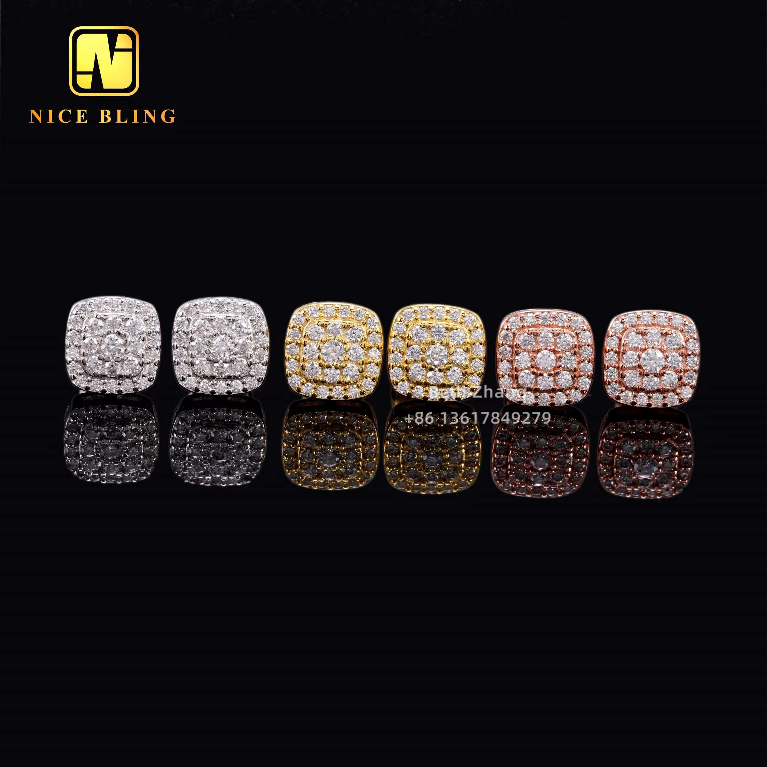 Cluster Earrings Square Shape Ear Studs 925 Sterling Silver Jewelry Hip Hop Men Women VVS Moissanite Diamond Ear Studs