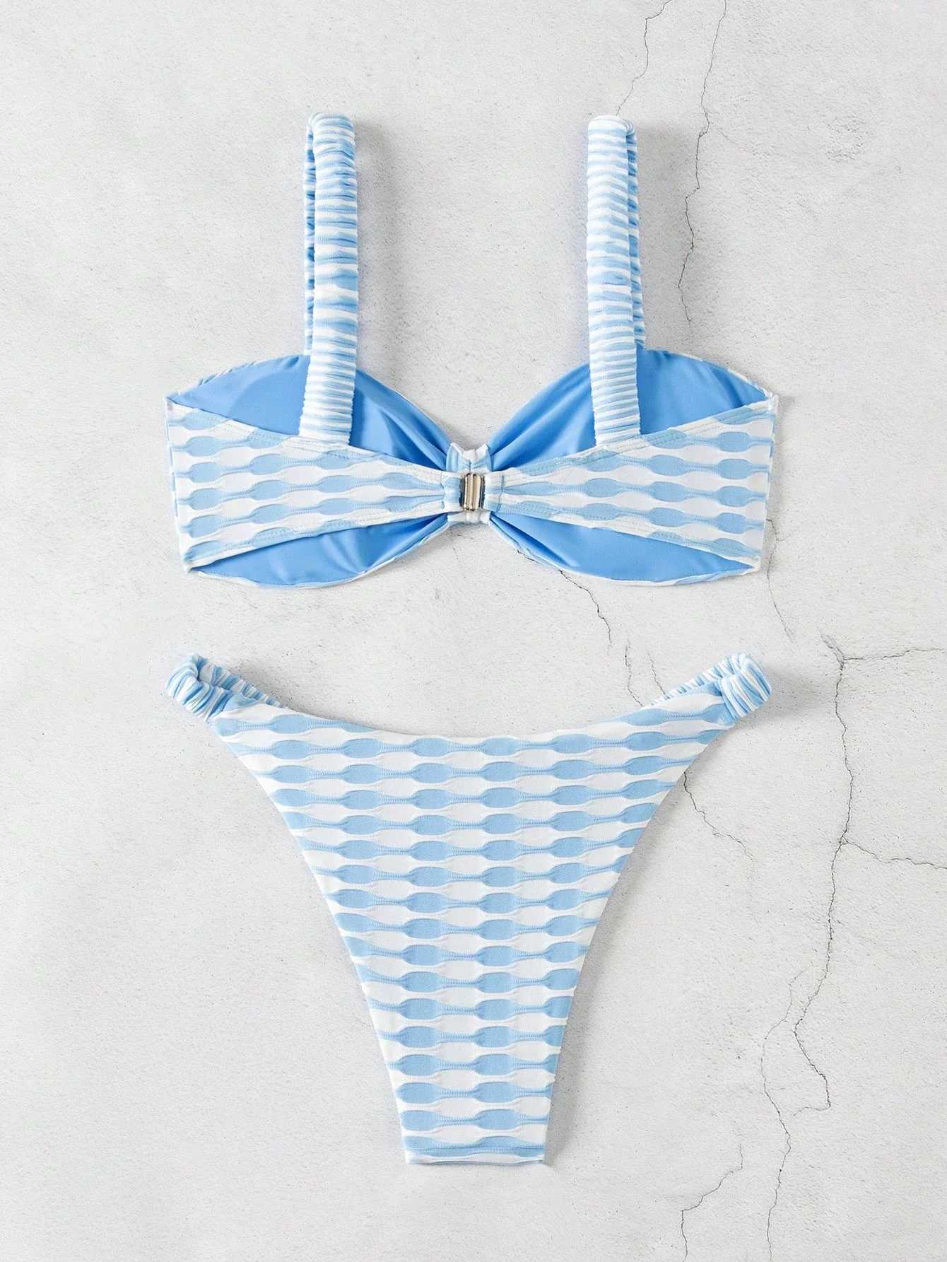 Blue striped split bikini schoolgirl youth pure seaside resort beach spaXJ250624