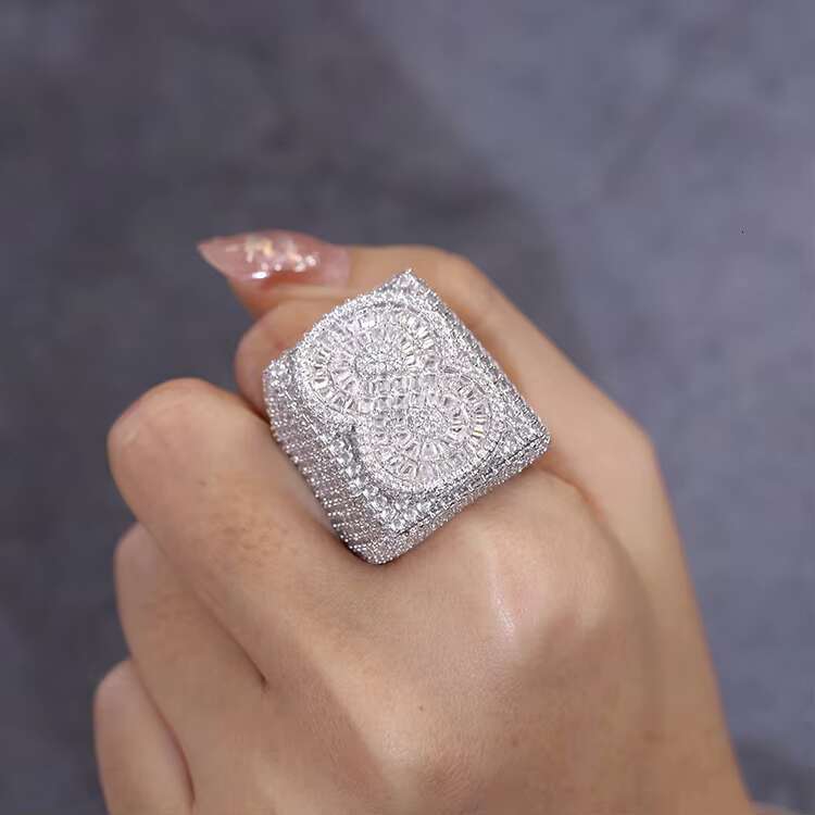 Fine Jewelry VVS Moissanite Cuban Ring 925 Sterling Silver Gold Plated Baguette and Round Moissanite Hip Hop Cuban Ring for Man