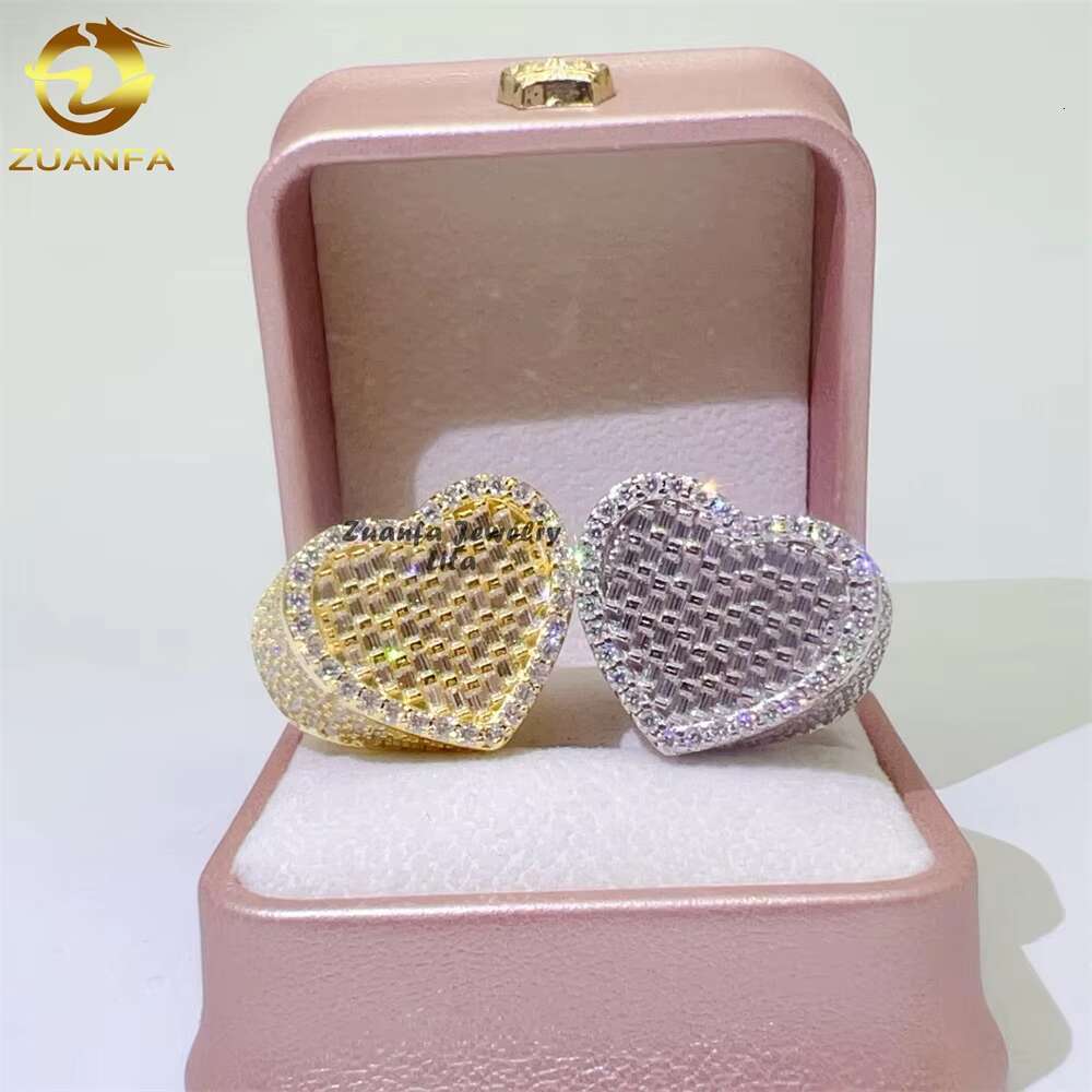 High Quality Iced Out Hip Hop baguette Heart Rings 925 Silver Gold Men Moissanite Diamond Ring