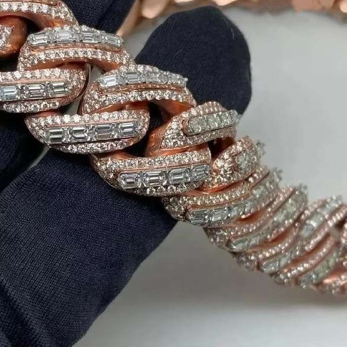 Luxury Rappers 20MM Iced Out Rose Gold Chain Emerald Cut Moissanite Cuban Link Chain Hip Hop Diamond Cuban Chain for Men