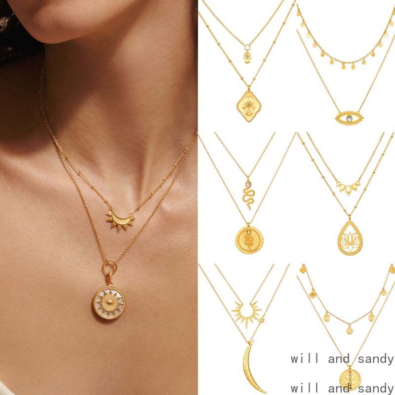 Non Tarnish 18k Gold Plated Midi Stacking Necklace Sun Moon Lotus Snake Evil Eye Charm Necklaces for Women Fashion Jewelry Summer Beach Wife Birthday Gift