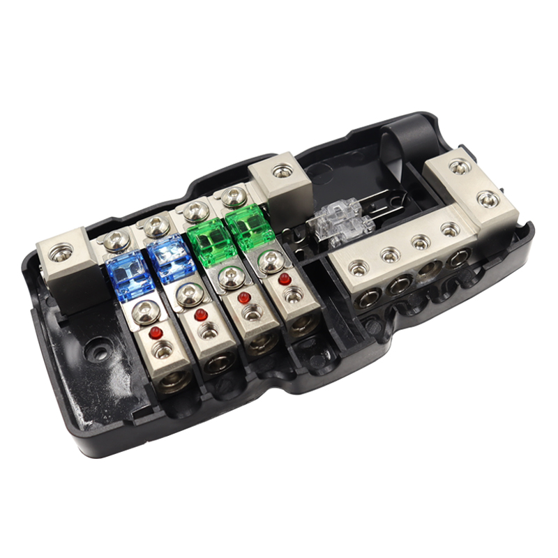 Multi functional fuse box with LED light (four-way fuse 30A/60A+two in four out junction box+2 spare fuses 80A)