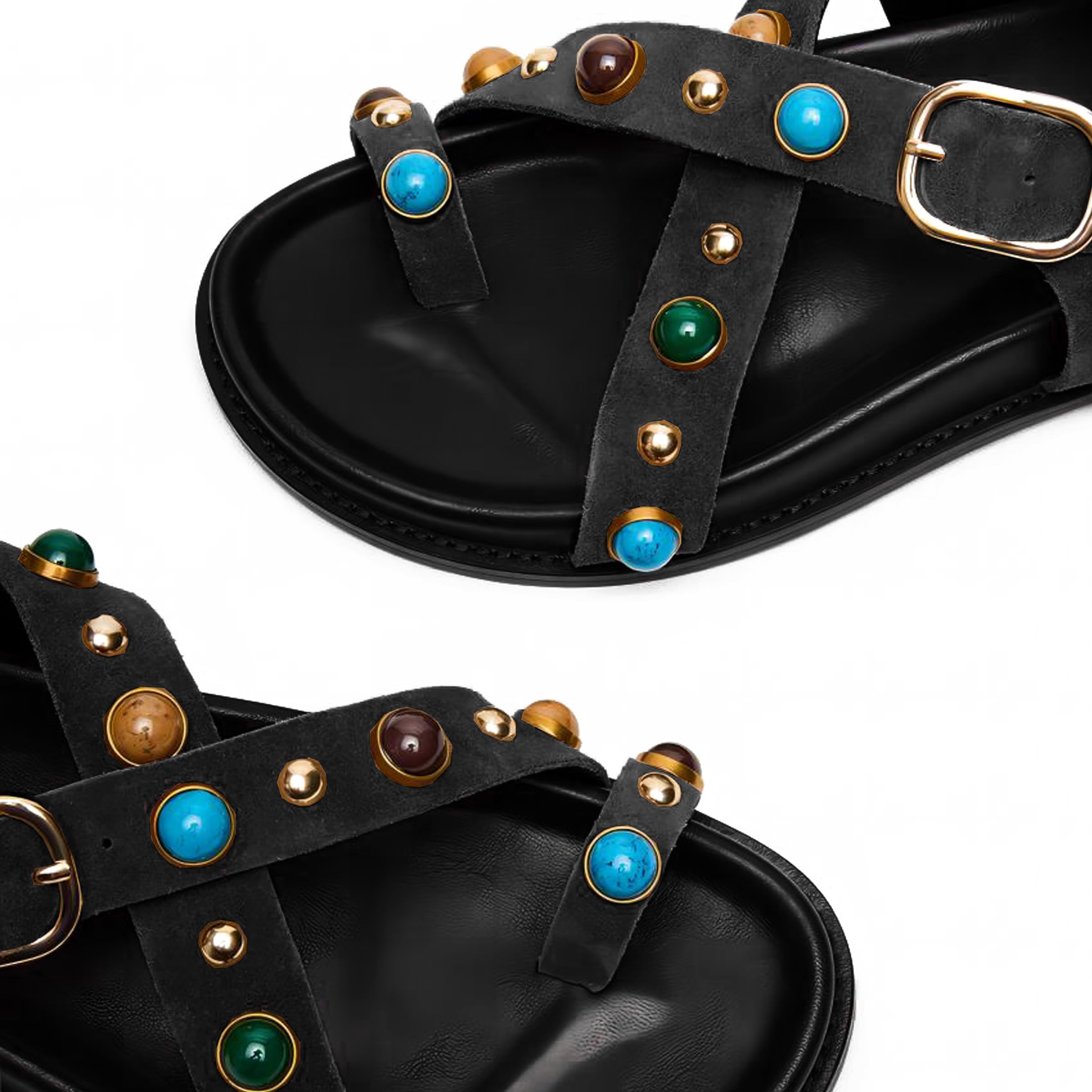 ARQA Summer Flat Sandals for Women Beaded Studded Strappy Boho Sandals Casual Beach Shoes Comfy Walking Party Dress Flip Flops Shoes