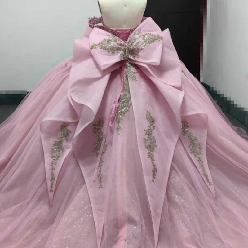 Sparkly Pink Ball Gown Off The Shoulder Quinceanera Dresses Bow Appliques Beading Crystal Sweet 16 Birthday Party Dress Vestidos 15 De Xv Anos