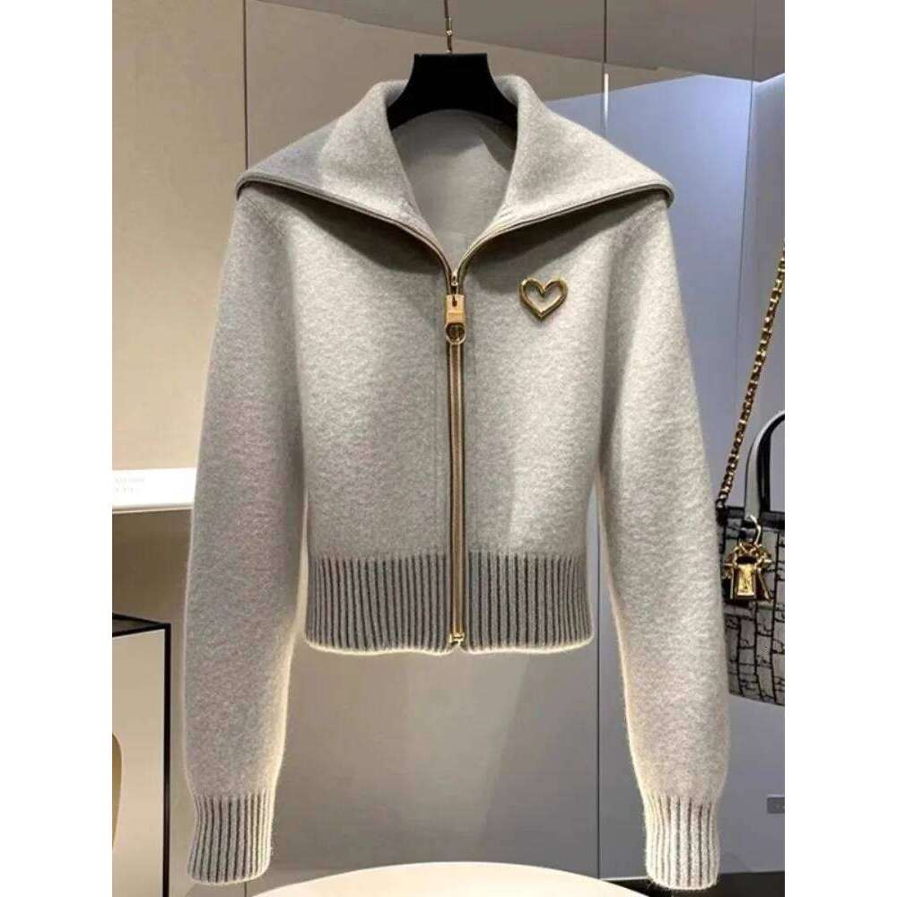 Korean Chic Gray Lapel Zipper Knitted Sweater Cardigan Women's Jacket 2025 Autumn Winter New Long Sleeve Versatile Knitwear Tops