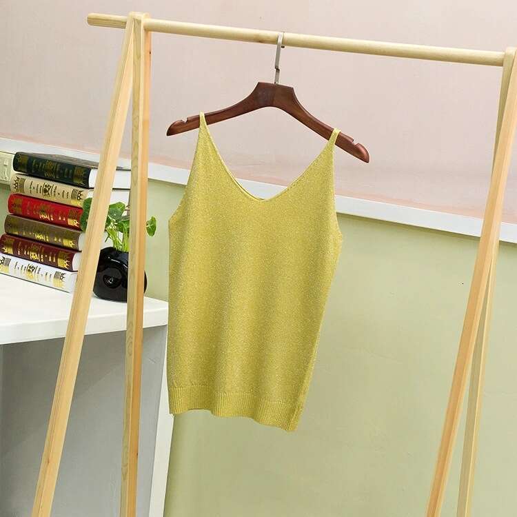 Shiny Knit Camisole for Women, Summer Thin Short Slim Fit Sexy Silver Thread Base Shirt