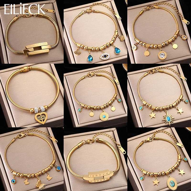 EILIECK 316L Stainless Steel Water Drop Zircon Hexagram Charm Bracelet For Women Trend Fashion Gold Color Jewelry Gift X250625