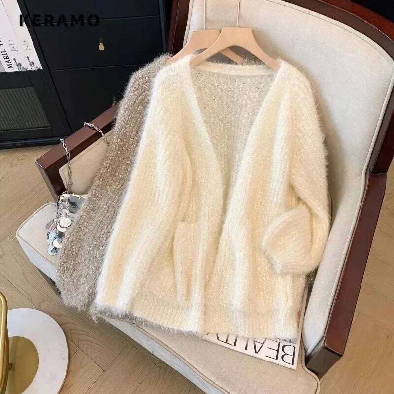 Women Solid Color Knitting Long Sleeve V-Neck Cardigans 2024 Winter ashion Casual Single Breasted Warm Wool Sweater