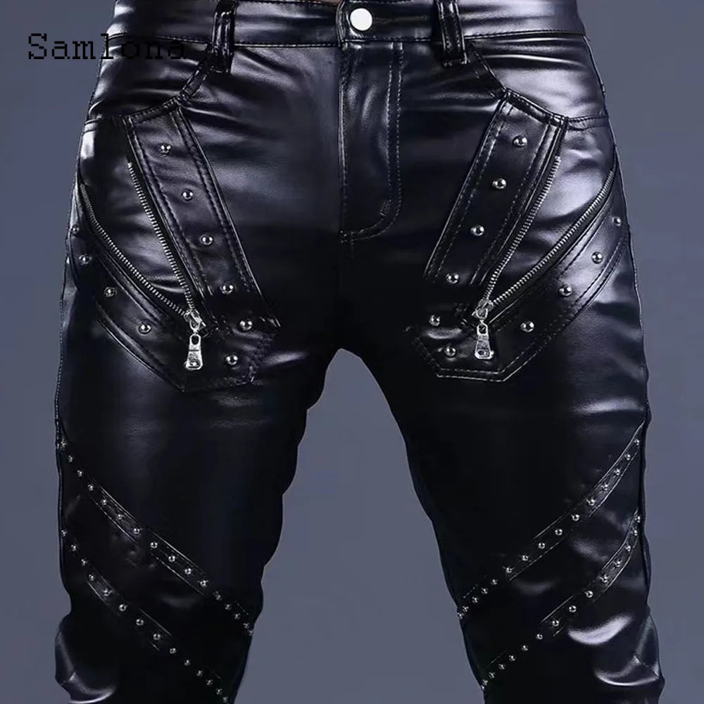 Sexy Zipper Pu Leather Pants Men Streetwear 2025 European Style Fashion Rivets Party Trouser Black Faux pants 250614
