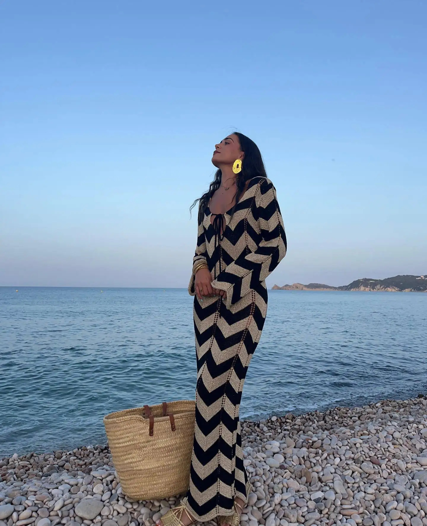 DRC Womens Stripled Long Sleeve Slim Elegant Knitted Maxi Dress V Neck Autumn Lace Up Hollow Sexy Beach Cover 250616