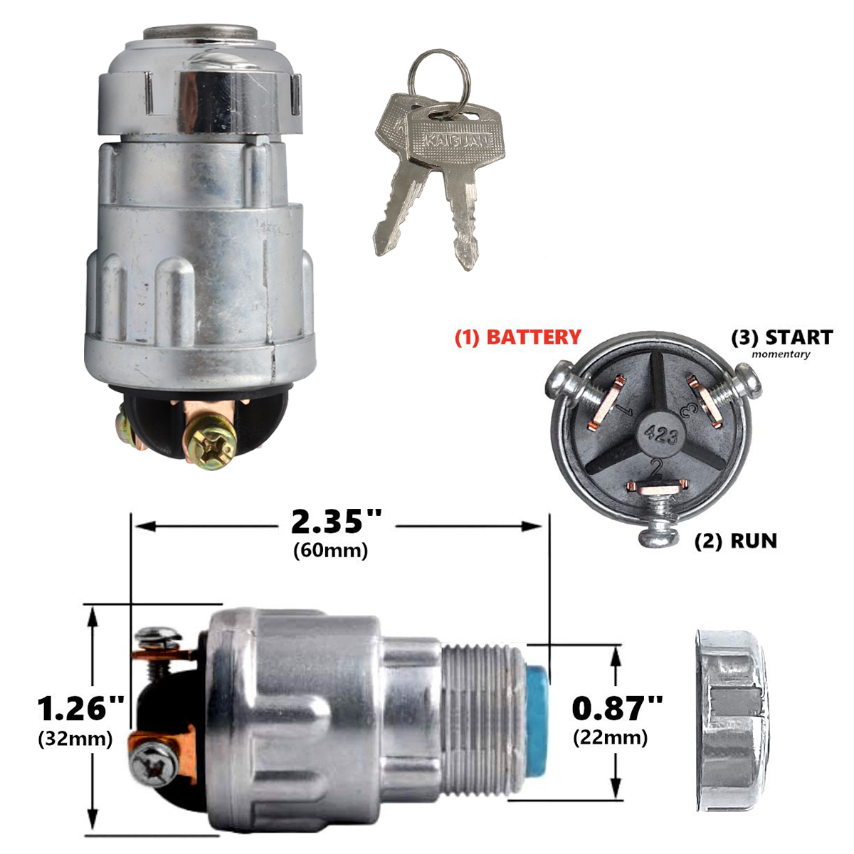3-Wire Universal Ignition Key Switch for Cars, Buggies, Mowers and Go Karts, Off/On/(Start)
