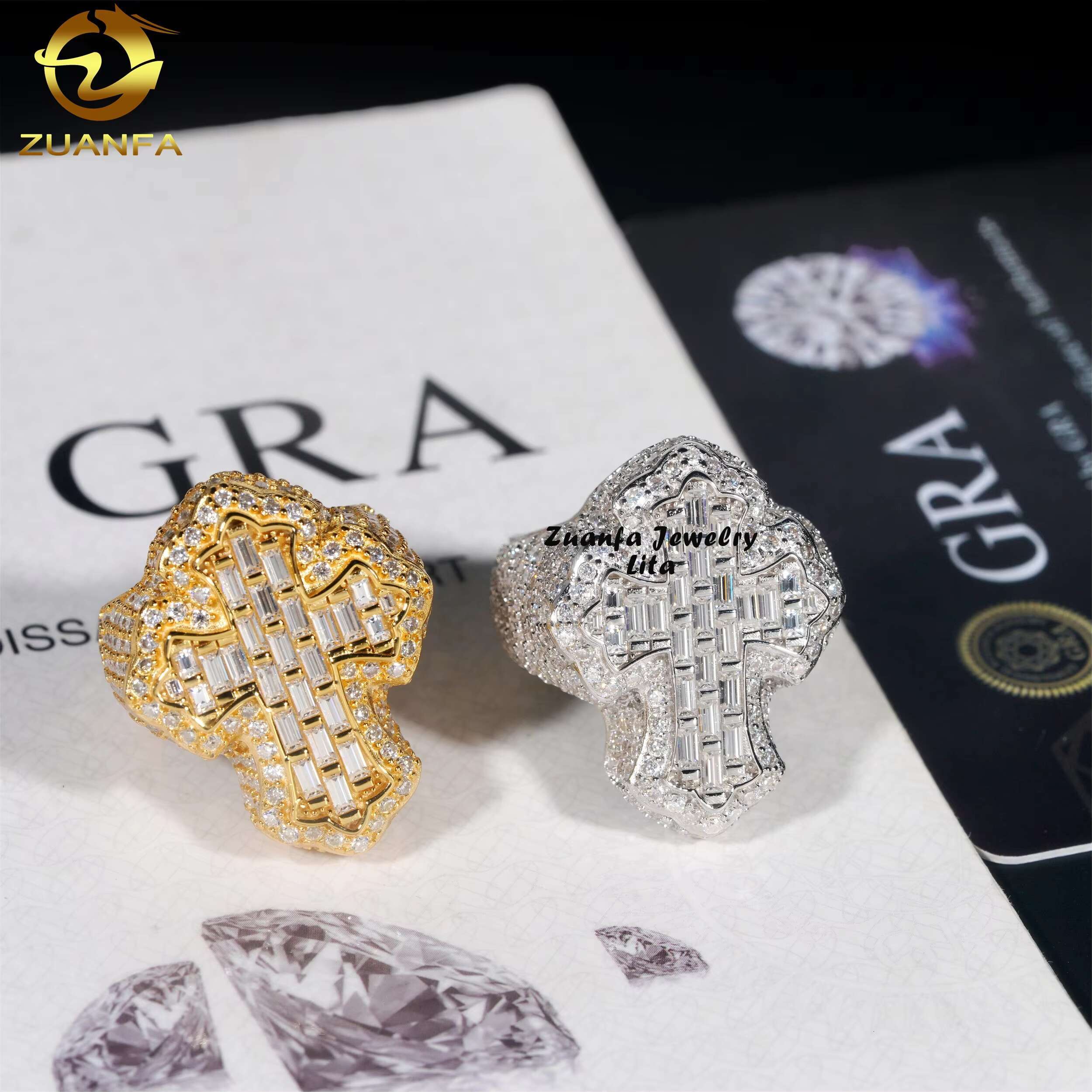 Wholesale Price Top Quality Iced Out Jewelry 925 Sterling Silver Mens Hip Hop Moissanite Cross Ring