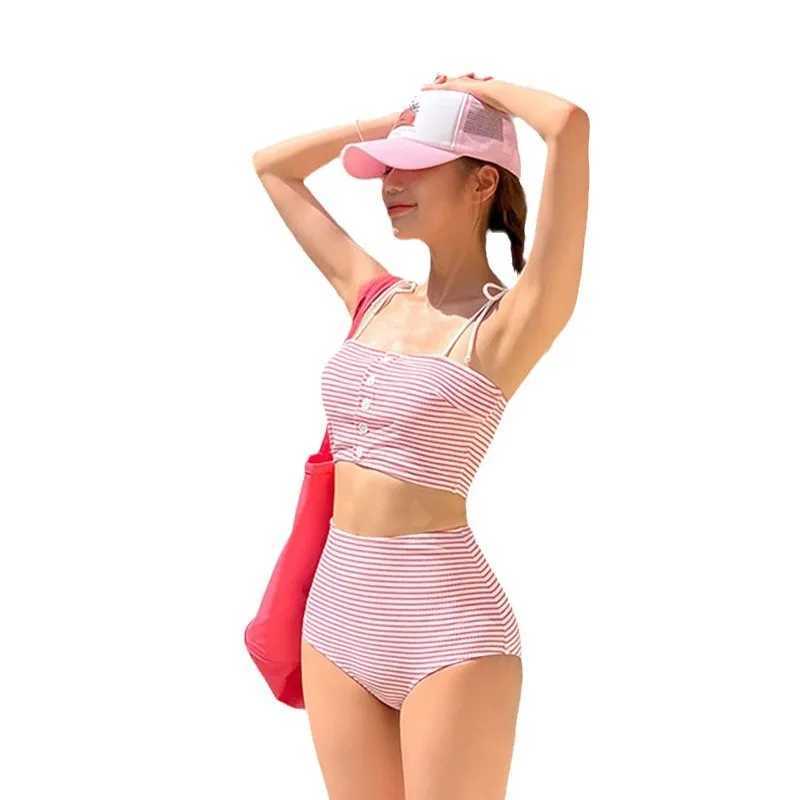 High-Waist Bikini Swimsuit Womens Sexy Triangle Stripe Simple Cross-Border Swimming Costume Chinese Brand Summer BeachwearXJ250624