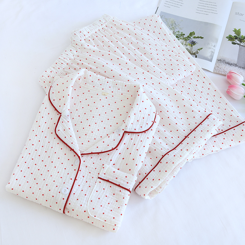 Summer pure cotton small round dot crepe fabric three piece set shorts, breathable and sweat absorbing pants, lapel and age reducing pajamas set