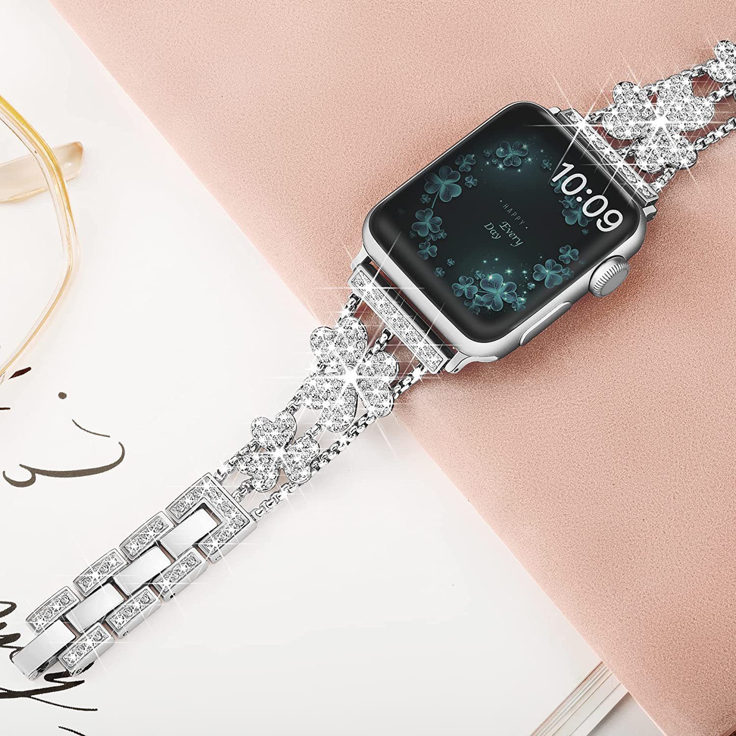Luxury Fashion Clover Diamond Inlaid Metal Watch Straps for Apple iWatch 9-1 Series