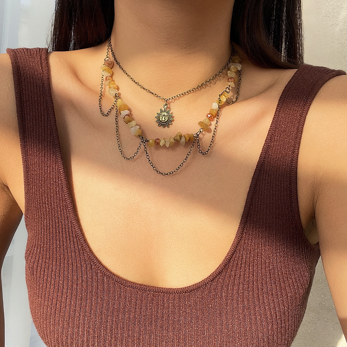 Mint Manbo Sweet Cool Vacation Style Irregular Stone for Women Moon Pendant Layered Necklace