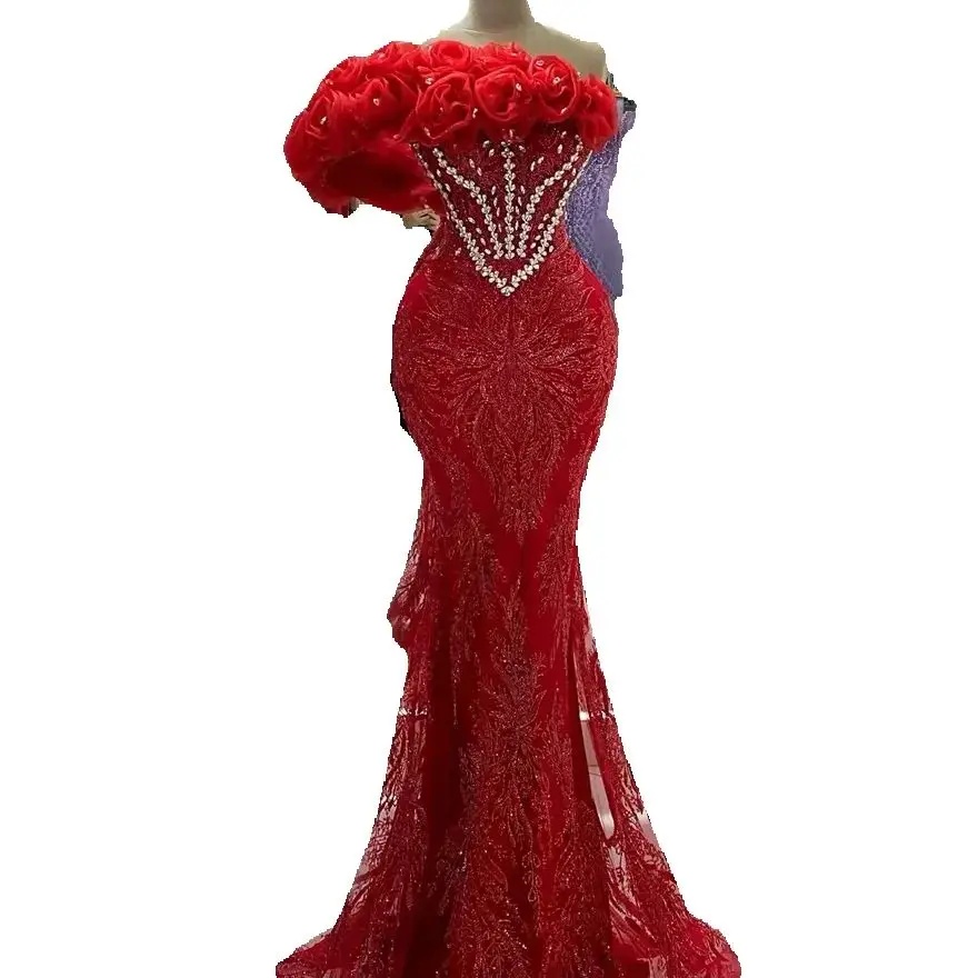 Elegant One Shoulder Prom Dresses Sexy Ruffle Beaded Crystal Evening Dress Sequined Lace Floor Length Party Gown Customized