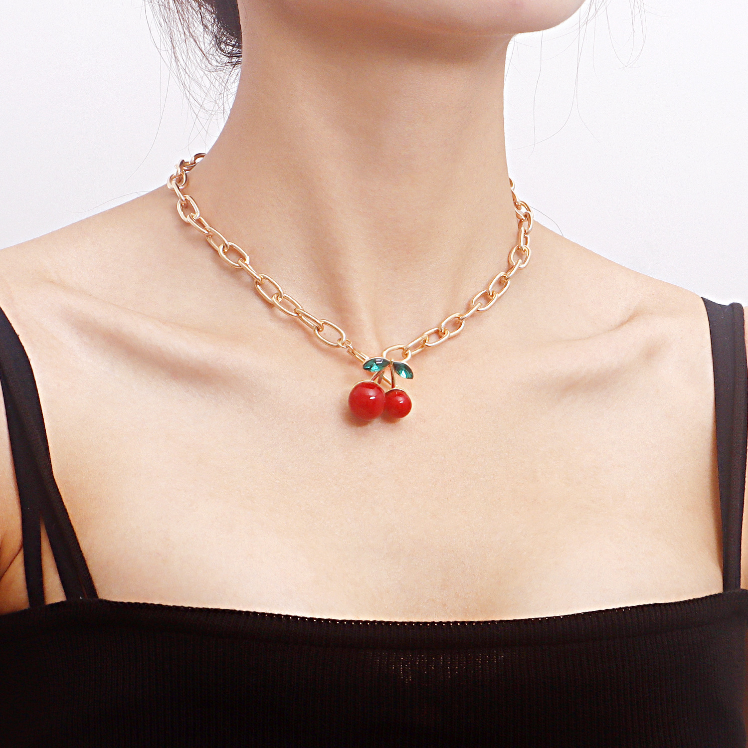 Y2K Geometric Exaggerated Thick Chain Big Red Cherry Pendant Necklace for Women Hot Selling Jewelry Jewelry for Women