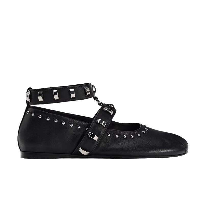 Studded Single for Women Spring and Autumn New Fashion Round Toe Versatile Ballet One Strap Casual Flat Shoes Black