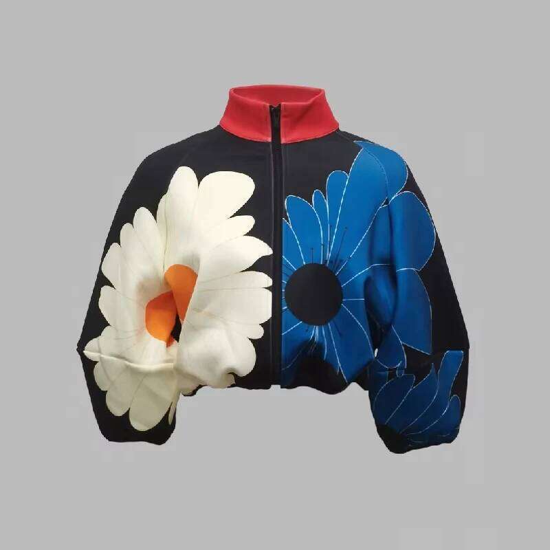 Flower Printed Thin Jacket for Women 2024 Summer Autunm Fashion Zippered Coat Stand Collar Puff Sleeve Loose Outerwear