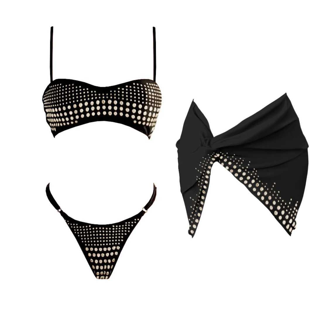 3Pcs Shiny Diamond Bikini Women Sexy Swimsuit Push Up Swimwear Bandeau Biquini Female Micro Bathing Suit Mini Skirt Beach Outfits XJ250624